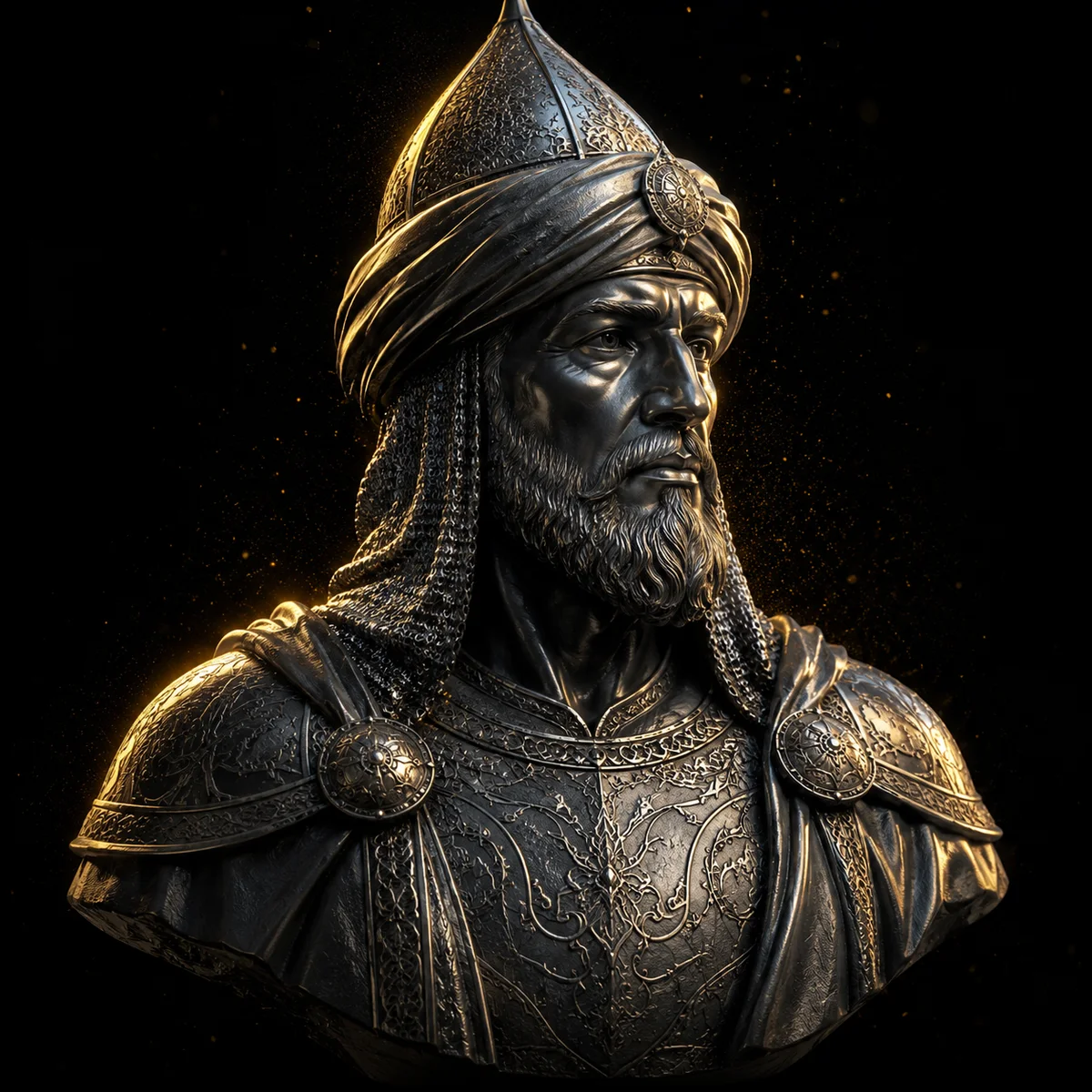 Altın ışığında Selahaddin Eyyubi büstü